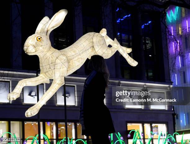 Sculpture of a rabbit is lit up at the launch of Lumiere London at W hotel, Leicester Square on January 17, 2018 in London, England. To kick start...