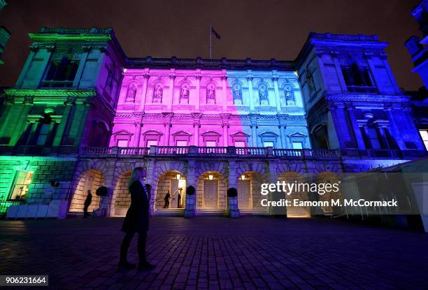 Building is lit up at the launch of Lumiere London at W hotel, Leicester Square on January 17, 2018 in London, England. To kick start 2018, 15 iconic...