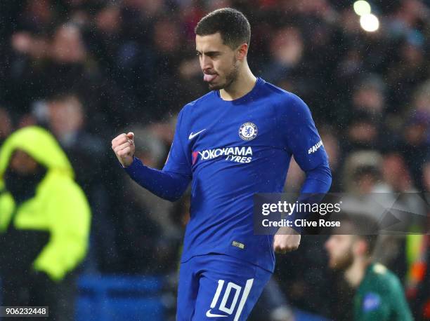 Eden Hazard of Chelsea celebrates victory during The Emirates FA Cup Third Round Replay between Chelsea and Norwich City at Stamford Bridge on...