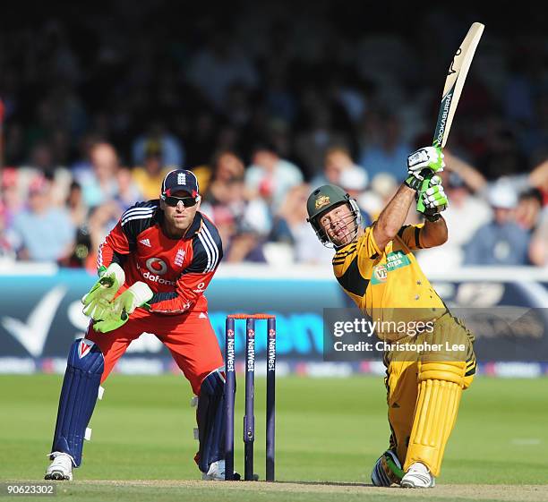 Ricky Ponting of Australia hits out watched by Matt Prior of England during the 4th NatWest One Day International between England and Australia at...