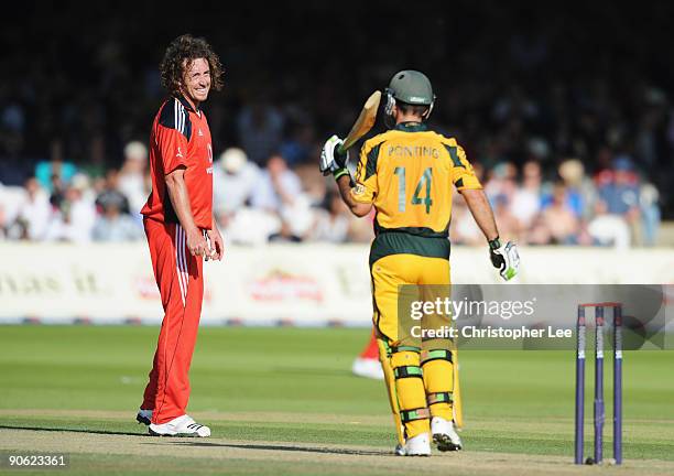 Ryan Sidebottom of England smiles at Ricky Ponting of Australia during the 4th NatWest One Day International between England and Australia at Lord's...