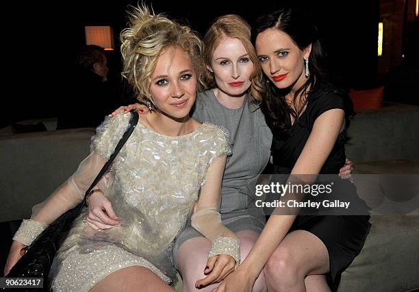 Actress Juno Temple, Director Jordan Scott and Actress Eva Green pose together at the "Cracks" Premiere Party held at the InterContinental Hotel...