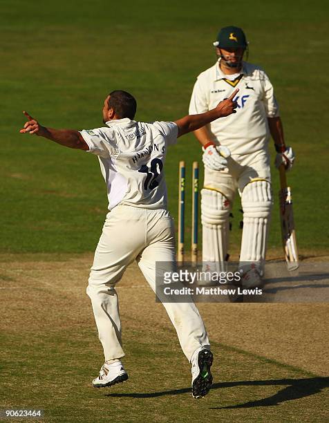 Steve Harmison of Durham celebrates bowling Mark ealham of Nottinghamshire to win the LV County Championship Division One during the final day of the...