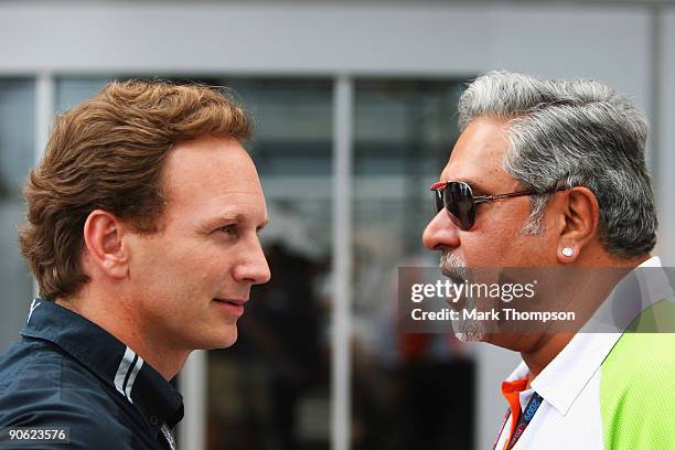 Red Bull Racing Team Principal Christian Horner and Force India Chairman Vijay Mallya talk in the paddock following qualifying for the Italian...