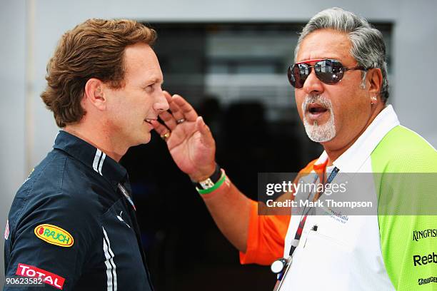 Red Bull Racing Team Principal Christian Horner and Force India Chairman Vijay Mallya talk in the paddock following qualifying for the Italian...