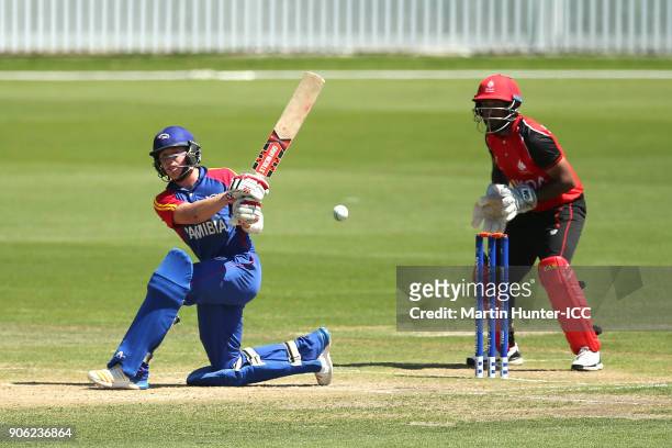 Shaun Fouche of Namibia bats during the ICC U19 Cricket World Cup match between Namibia and Canada at Bert Sutcliffe Oval on January 18, 2018 in...