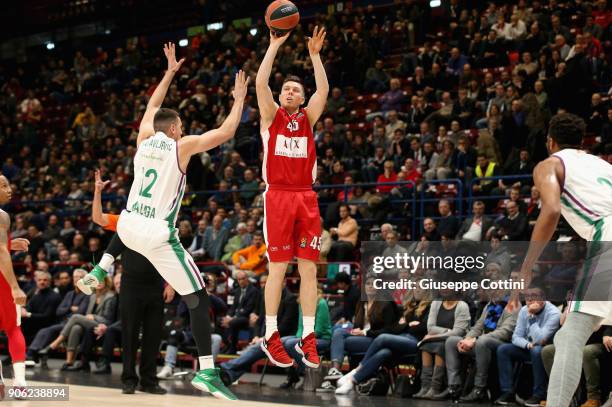 Dairis Bertans, #45 of AX Armani Exchange Olimpia Milan in action during the 2017/2018 Turkish Airlines EuroLeague Regular Season Round 18 game...