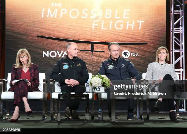 Paula S. Aspell, series senior executive producer, Bertrand Piccard, initiator, chairman, and pilot of Soloar Impuse, Andre Borschberg, co-founder,...