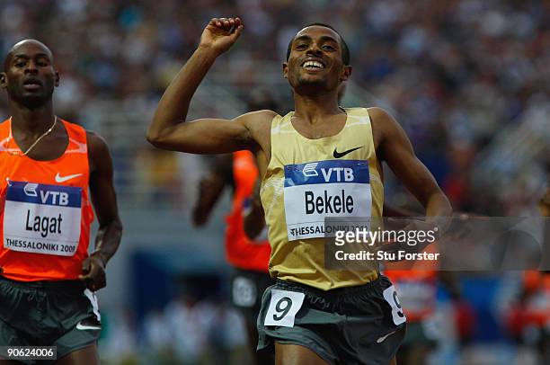 Kenenisa Bekele of Ethiopia wins the Mens 3000 metres from Bernard Lagat of the USA during day one of the IAAF World Athletics Final at the...
