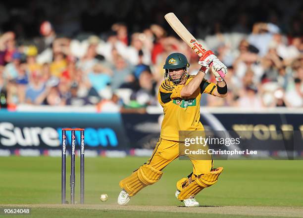 Callum Ferguson of Australia hits out during the 4th NatWest One Day International between England and Australia at Lord's on September 12, 2009 in...