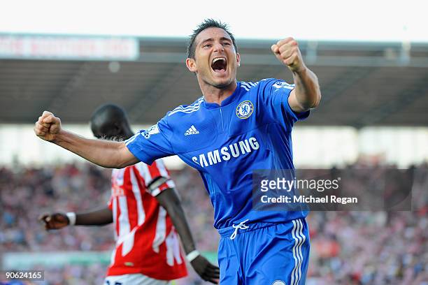Frank Lampard celebrates after team mate Florent Malouda of Chelsea scored the winning goal during the Barclays Premier League match between Stoke...