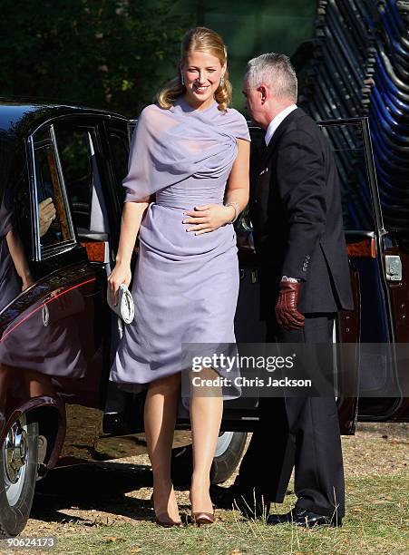 Lady Gabriella Windsor arrives at Lady Annabel Goldsmith's house Ormeley Lodge en- route to the wedding of Lord Frederick Windsor and Sophie...