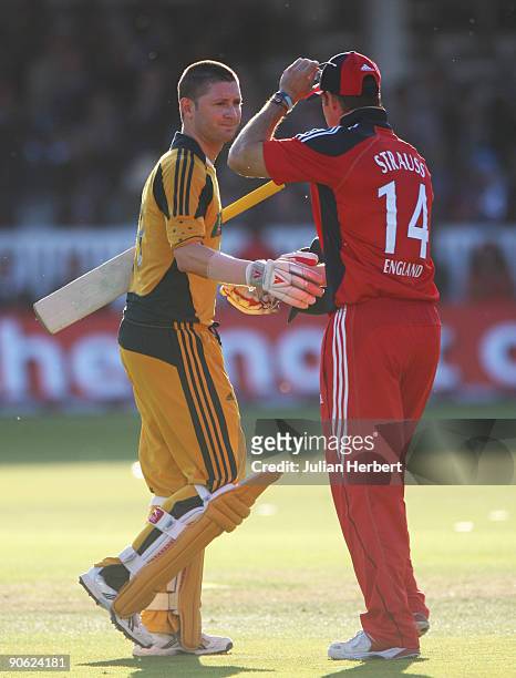 Michael Clarke of Australia shakes hands with Andrew Strauss of England after the 4th NatWest One Day International between England and Australia at...
