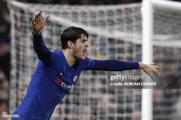 Chelsea's Spanish striker Alvaro Morata reacts to a perceived foul during the FA Cup third round replay football match between Chelsea and Norwich...