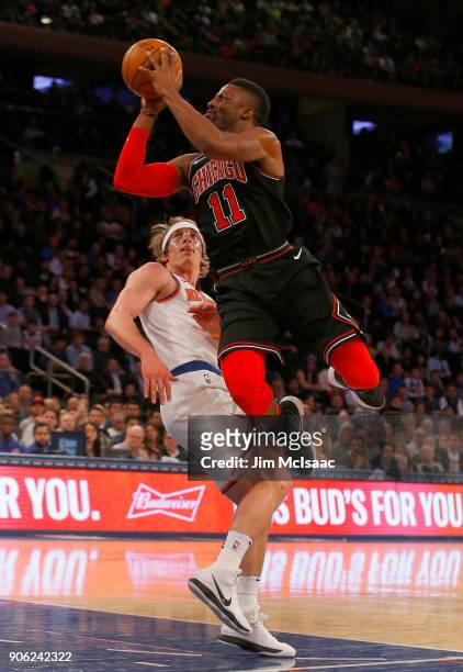 David Nwaba of the Chicago Bulls in action against Ron Baker of the New York Knicks at Madison Square Garden on January 10, 2018 in New York City....