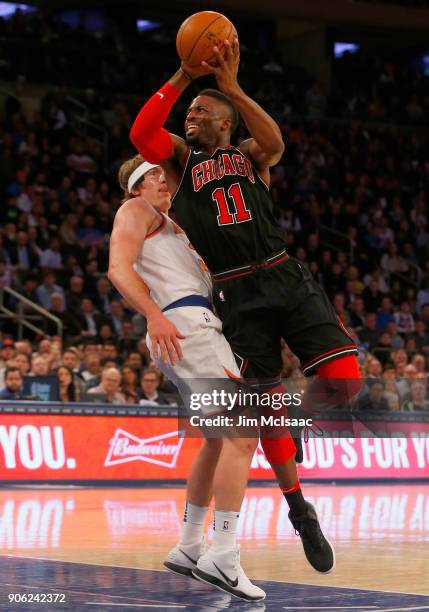 David Nwaba of the Chicago Bulls in action against Ron Baker of the New York Knicks at Madison Square Garden on January 10, 2018 in New York City....