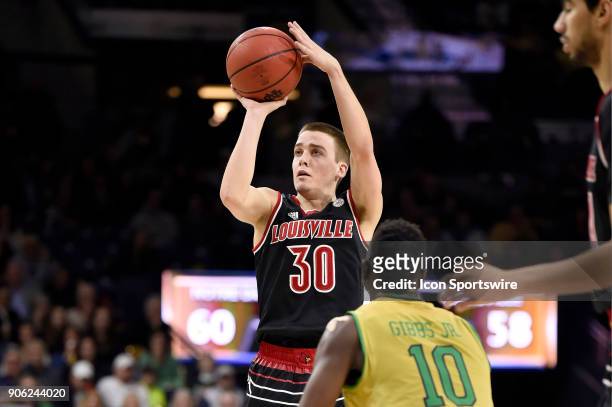 Louisville Cardinals guard Ryan McMahon shoots the basketball during the college basketball game between the Louisville Cardinals and the Notre Dame...