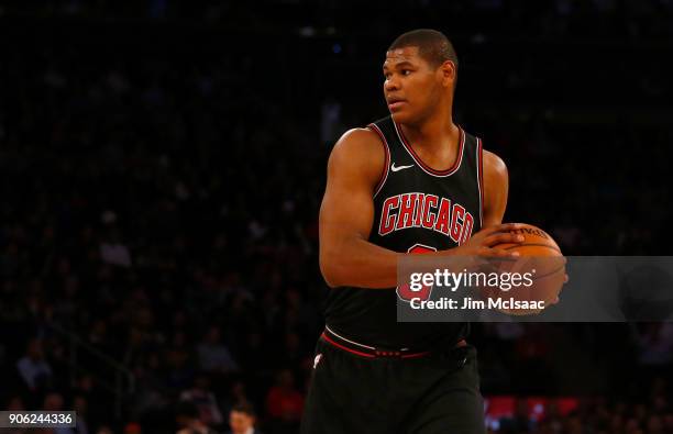 Cristiano Felicio of the Chicago Bulls in action against the New York Knicks at Madison Square Garden on January 10, 2018 in New York City. The Bulls...