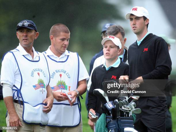 Niall Kearney of Ireland and Stiggy Hodgson of England and Great Britain and Ireland on the tee at the 3rd hole during the morning foursome matches...