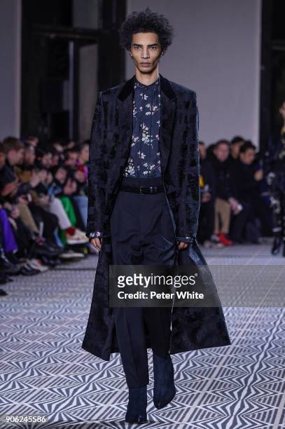 Filip Roseen walks the runway during the Haider Ackermann Menswear Fall/Winter 2018-2019 show as part of Paris Fashion Week on January 17, 2018 in...