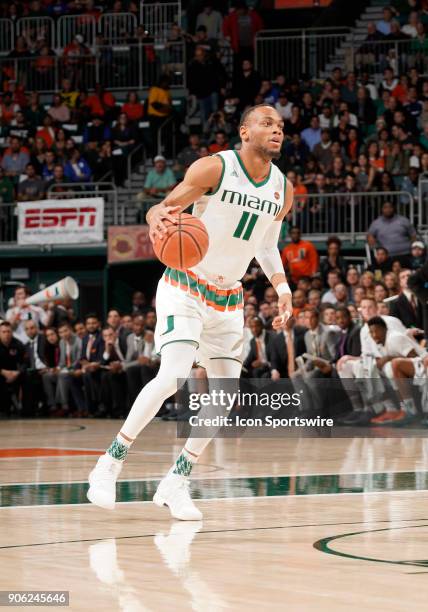 Miami guard Bruce Brown, Jr. Plays during a college basketball game between the Duke University Blue Devils and the University of Miami Hurricanes on...