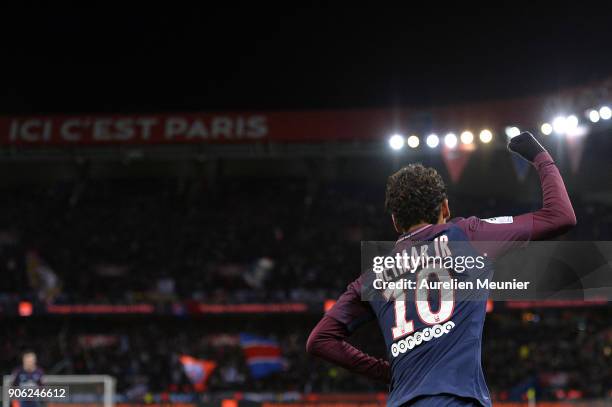 Neymar Jr of Paris Saint-Germain reacts after scoring during the Ligue 1 match between Paris Saint Germain and Dijon FCO at Parc des Princes on...