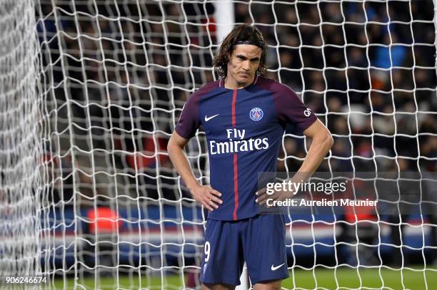 Edinson Cavani of Paris Saint-Germain reacts during the Ligue 1 match between Paris Saint Germain and Dijon FCO at Parc des Princes on January 17,...