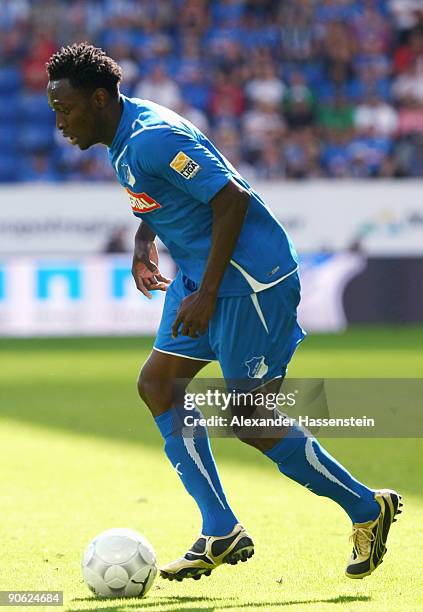 Chinedu Obasi of Hoffenheim runs with the ball during the Bundesliga match between 1899 Hoffenheim and VfL Bochum at Rhein-Neckar Arena on September...