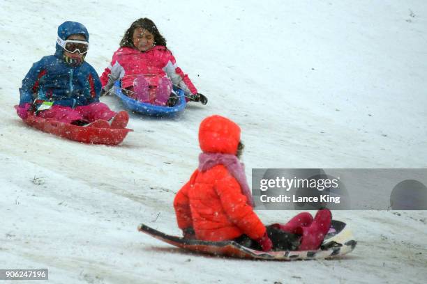 Kids sled down a hill at Dorothea Dix Park during a snow storm on January 17, 2018 in Raleigh, North Carolina. North Carolina Gov. Roy Cooper...