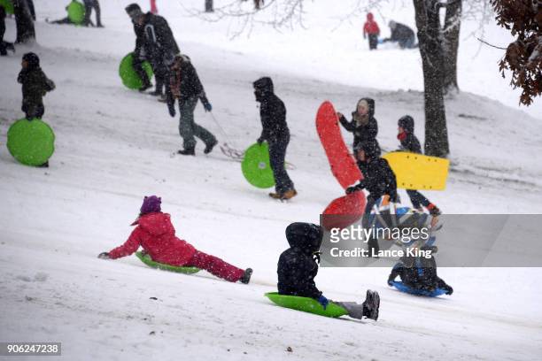Dozens of people gather to sled at Dorothea Dix Park during a snow storm on January 17, 2018 in Raleigh, North Carolina. North Carolina Gov. Roy...