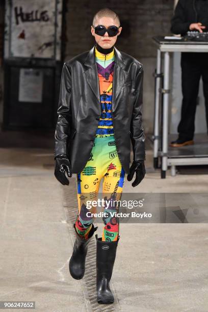 Model walks the runway during the Walter Van Beirendonck Menswear Fall/Winter 2018-2019 show as part of Paris Fashion Week on January 17, 2018 in...