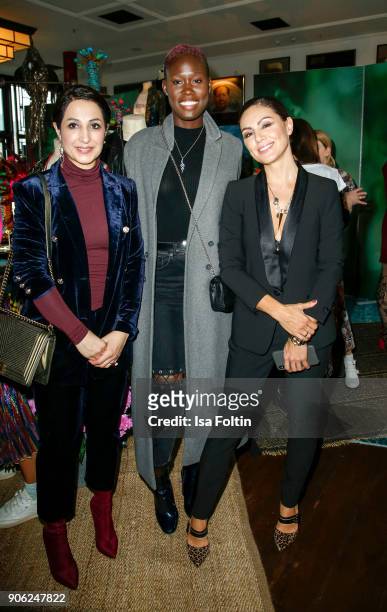 Laila Hamidi, model Aminata Sanogo and German presenter Nazan Eckes attend the Thomas Sabo Press Cocktail during the Mercedes-Benz Fashion Week...