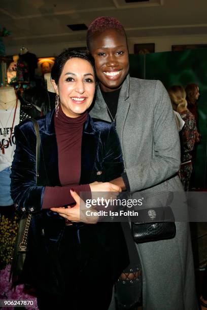 Laila Hamidi and model Aminata Sanogo attend the Thomas Sabo Press Cocktail during the Mercedes-Benz Fashion Week Berlin A/W 2018 at China Club on...