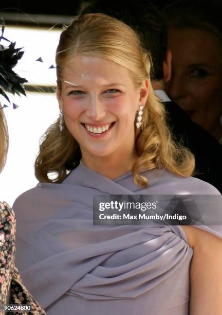 Lady Gabriella Windsor leaves the home of Lady Annabel Goldsmith to attend the wedding of her brother Lord Frederick Windsor to Sophie Winkleman at...