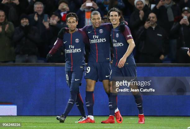 Kylian Mbappe of PSG celebrates his goal between Neymar Jr and Edinson Cavani during the French Ligue 1 match between Paris Saint Germain and Dijon...