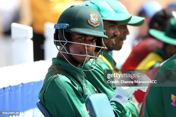 Hasan Mahmud of Bangladesh looks on during the ICC U19 Cricket World Cup match between Bangladesh and England at John Davies on January 18, 2018 in...