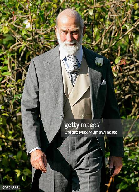 Prince Michael of Kent leaves the home of Lady Annabel Goldsmith to attend the wedding of his son Lord Frederick Windsor to Sophie Winkleman at...