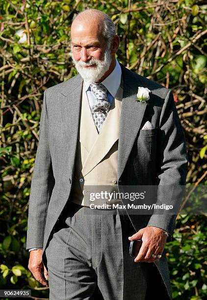 Prince Michael of Kent leaves the home of Lady Annabel Goldsmith to attend the wedding of his son Lord Frederick Windsor to Sophie Winkleman at...