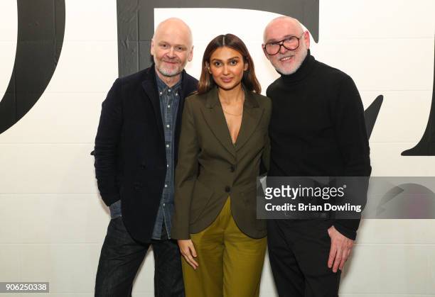 Designers Otto Droegsler and Joerg Ehrlich with Wana Limar at Odeeh Defile during 'Der Berliner Salon' AW 18/19 on January 17, 2018 in Berlin,...