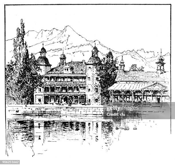 lake wörthersee in carinthia, austria: hotel & castle velden - kärnten am wörthersee stock illustrations