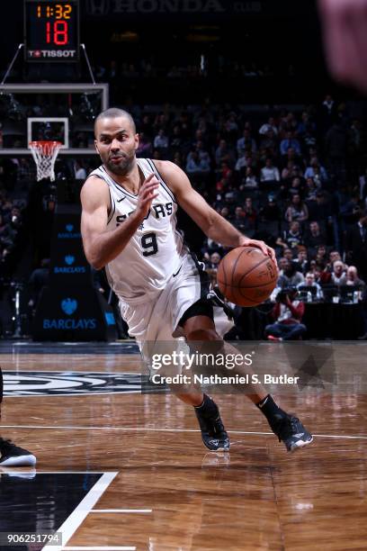 Tony Parker of the San Antonio Spurs handles the ball during the game against the Brooklyn Nets on January 17, 2018 at Barclays Center in Brooklyn,...