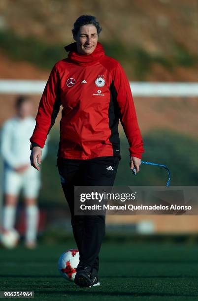 Head coach Anuschka Bernhard of Germany looks on prior to the international friendly match between U17 Girl's Germany and U17 Girl's England at...