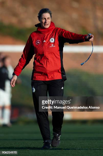 Head coach Anuschka Bernhard of Germany gives instructions prior to the international friendly match between U17 Girl's Germany and U17 Girl's...