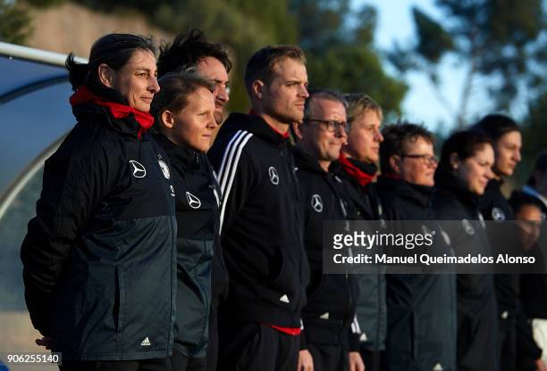 Head coach Anuschka Bernhard and staff members of Germany look on prior to the international friendly match between U17 Girl's Germany and U17 Girl's...