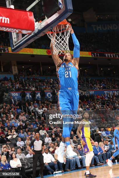 Andre Roberson of the Oklahoma City Thunder drives to the basket during the game against the Los Angeles Lakers on January 17, 2018 at Chesapeake...