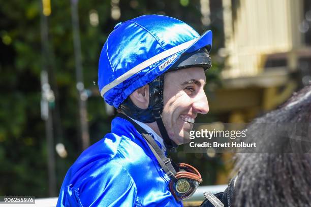 Andrew Mallyon returns to the mounting yard on Haunted after winning the Vale William 'Bill' Harding Maiden Plate at Kilmore Racecourse on January...