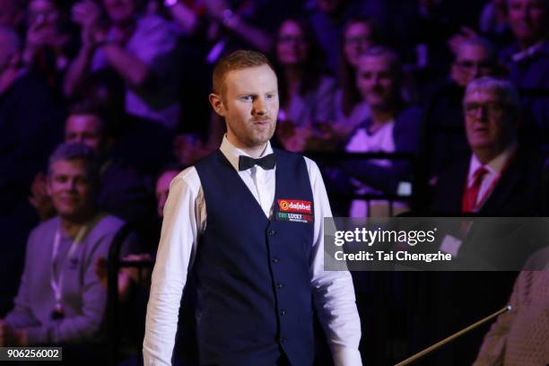 Anthony McGill of Scotland reacts during his first round match against John Higgins of Scotland on day four of The Dafabet Masters at Alexandra...