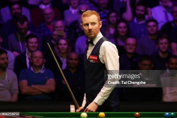 Anthony McGill of Scotland reacts during his first round match against John Higgins of Scotland on day four of The Dafabet Masters at Alexandra...