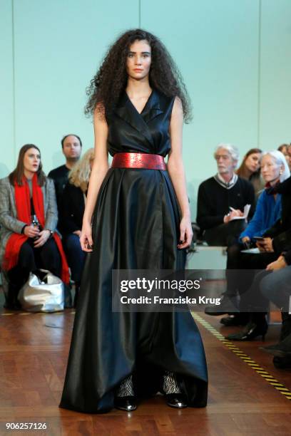 Betty Taube walks the runway during the Rebekka Ruetz Fashion Show at Embassy of Austria on January 16, 2018 in Berlin, Germany.