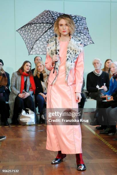 Kim Hnizdo walks the runway during the Rebekka Ruetz Fashion Show at Embassy of Austria on January 16, 2018 in Berlin, Germany.